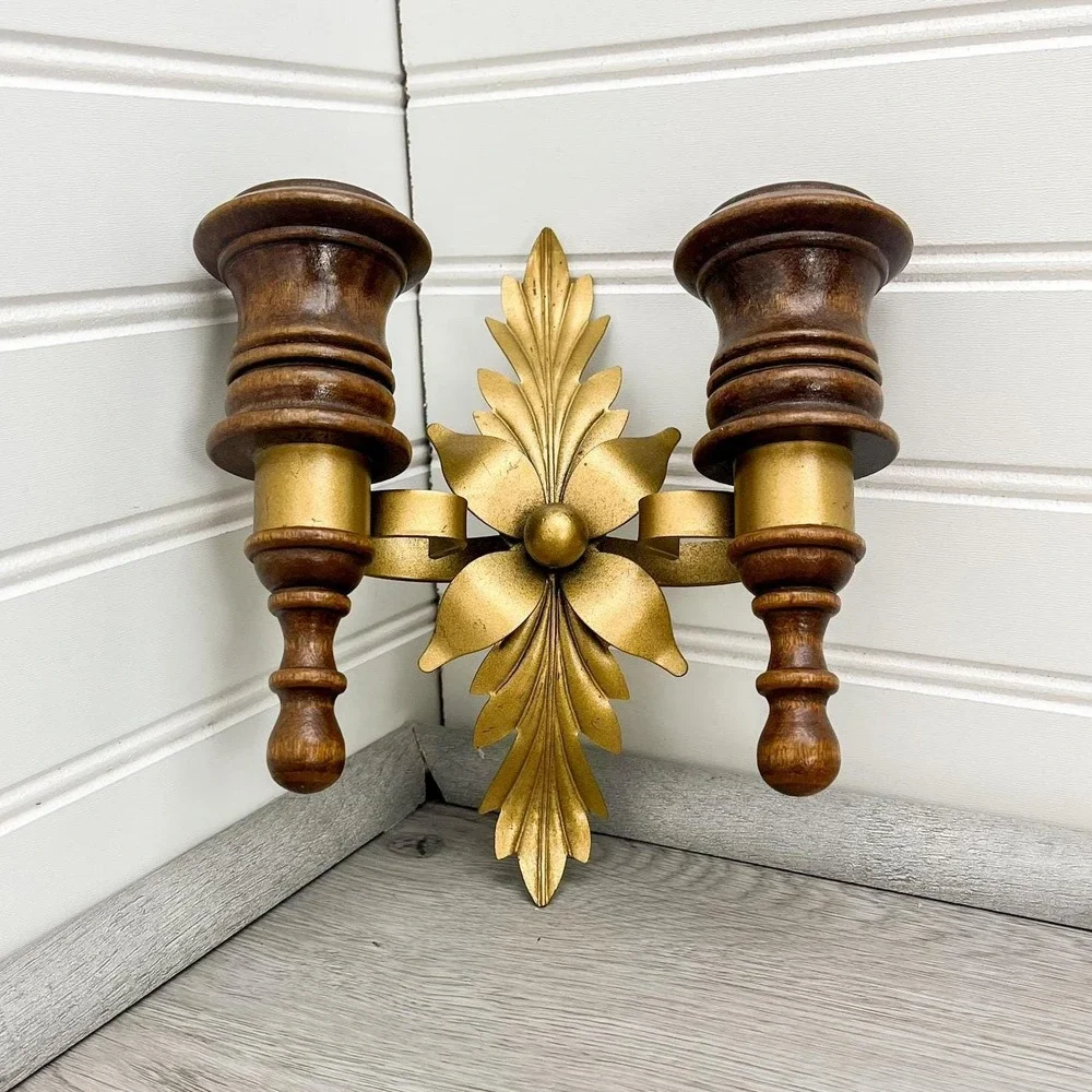 Solid‎ Wood and Brass Wall Sconce Candleholder - Vintage Hollywood Regency Decor